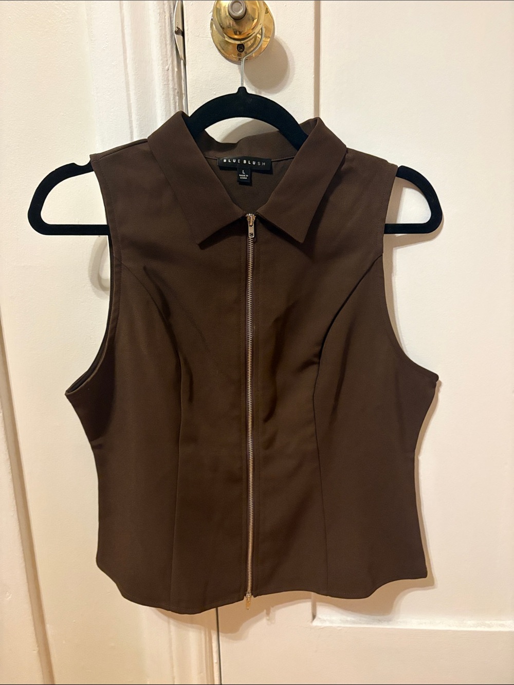 Blue Blush Brown Sleeveless Zip-Front Bodysuit Top